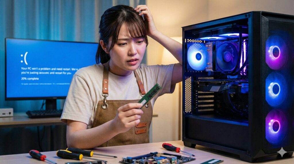 開いたPCとブルースクリーンエラーが表示されたモニターの横で、RAMスティックを持ってストレスを感じている日本人女性