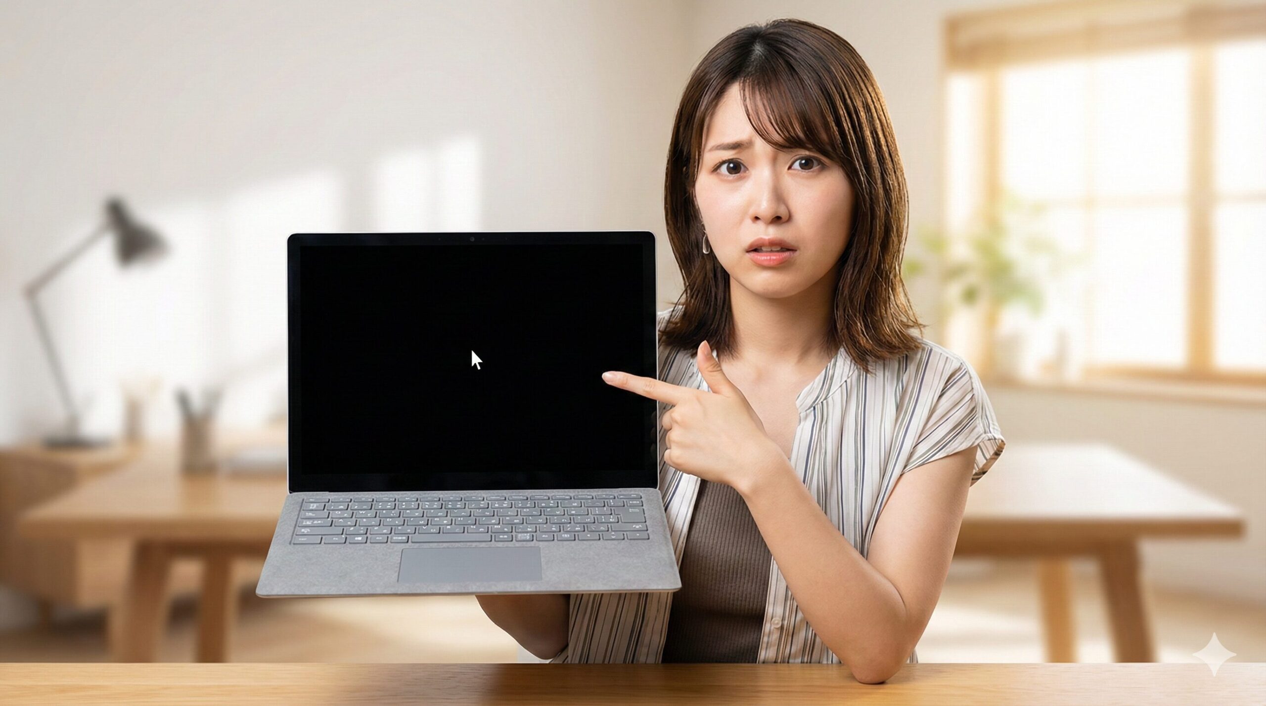 黒い画面にカーソルだけのSurfaceを心配そうに持つ日本人女性