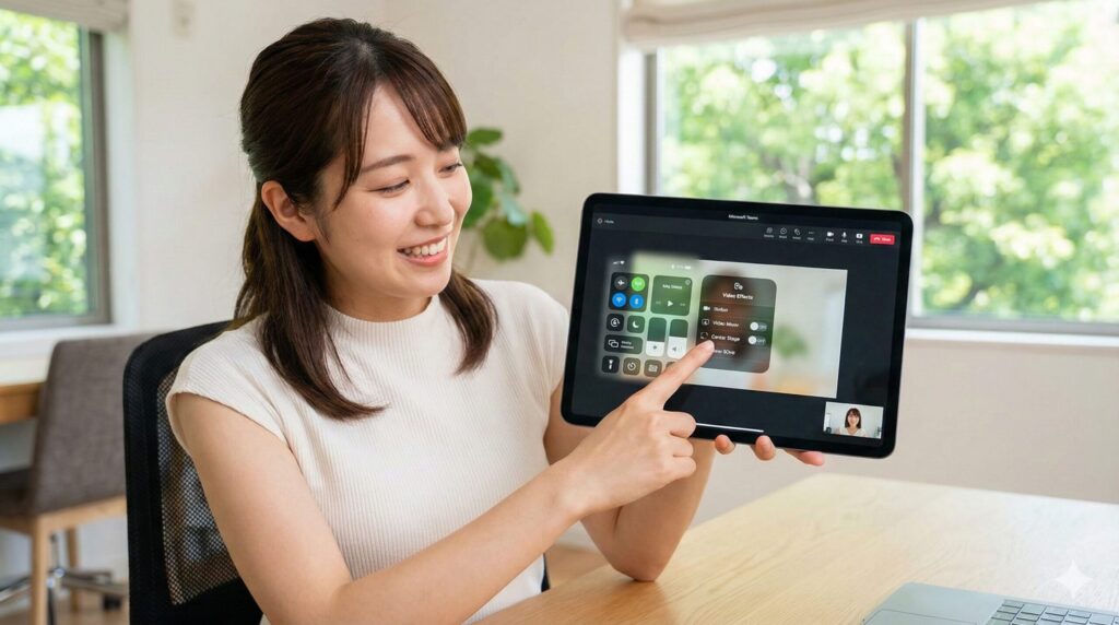 明るいオフィスで、安定したTeams会議画面が表示されたiPadを持ち、笑顔を見せる日本人ビジネス女性