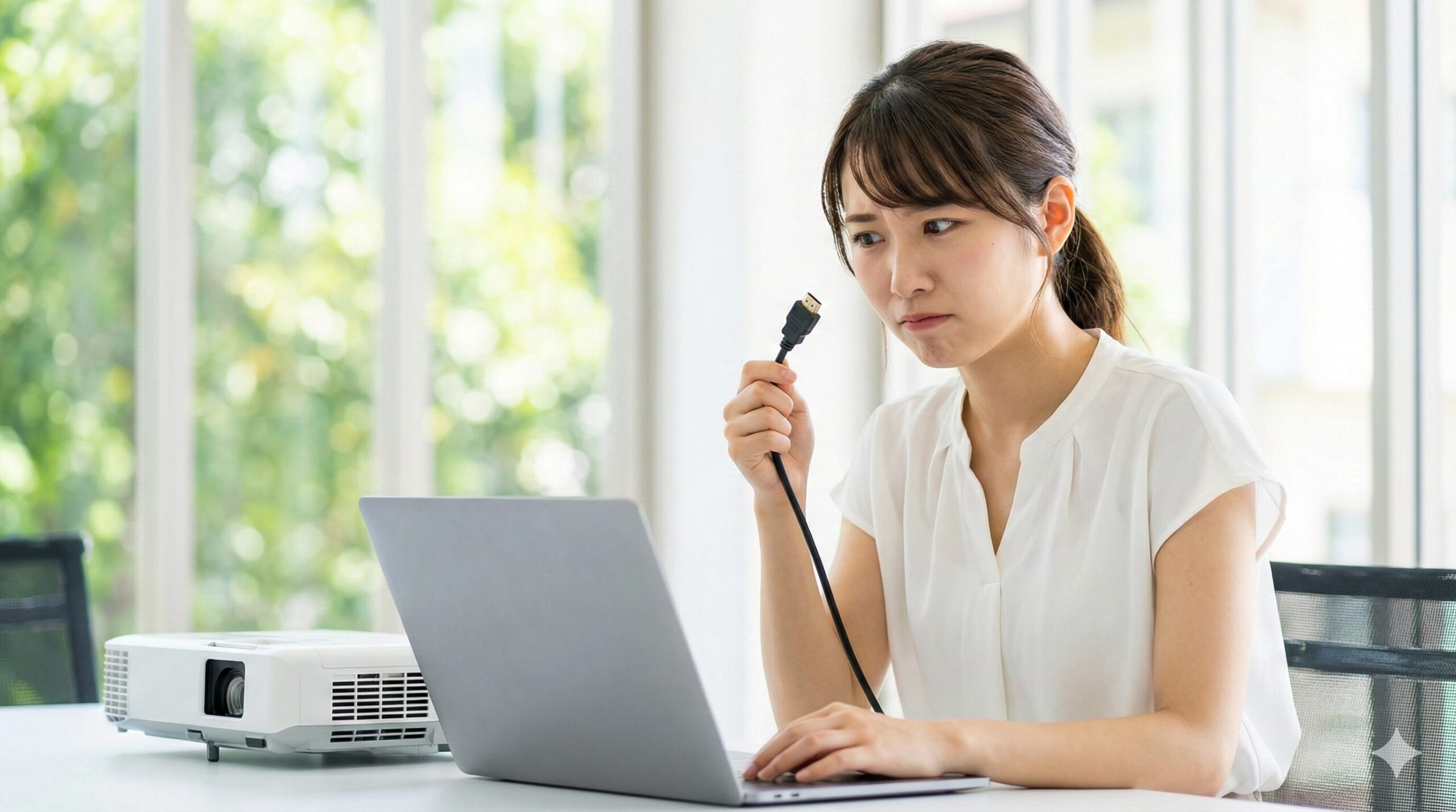 明るい会議室で、HDMIケーブルと映らないプロジェクターを見て困った表情をしている、夏のオフィス服を着た若い日本人女性