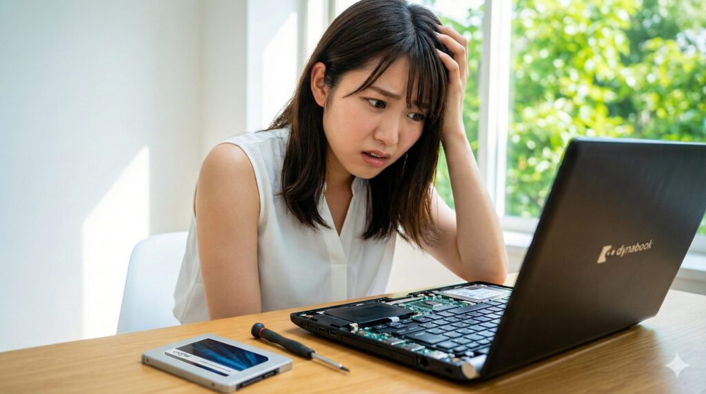 分解されたDynabookとSSDを前に、修理がうまくいかず困惑した表情を浮かべる日本人女性