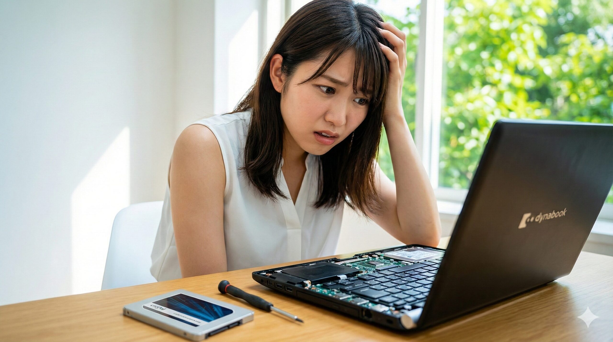 分解されたDynabookとSSDを前に、修理がうまくいかず困惑した表情を浮かべる日本人女性
