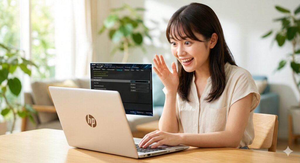 BIOS設定画面が表示された静かなHPノートパソコンを見て、驚き喜ぶ若い日本人女性