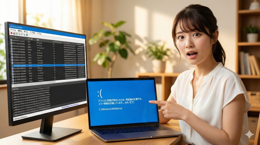 日当たりの良いオフィスで、ブルースクリーンエラーのノートPCと解析ツールのモニターを驚いた様子で指差す若い日本人女性