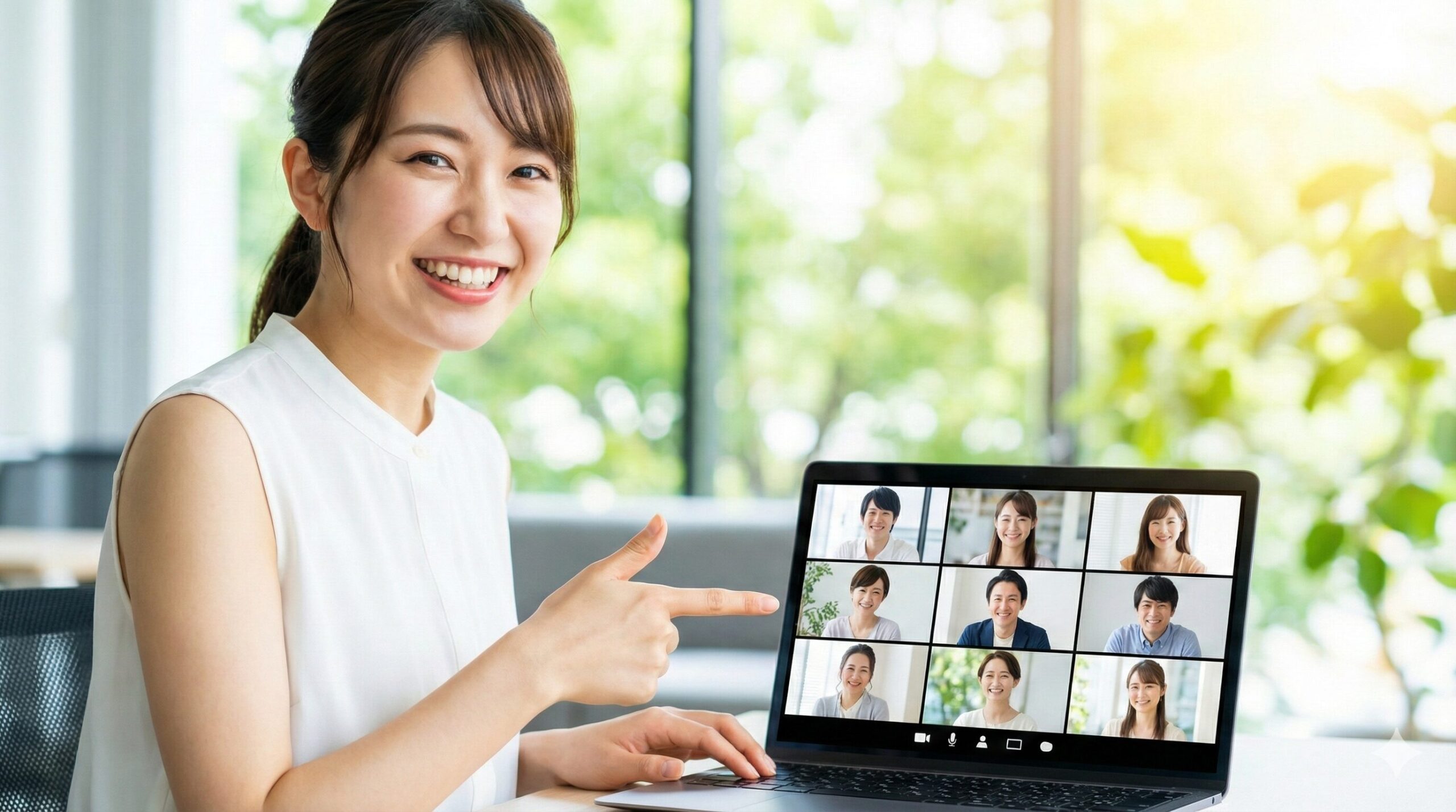 若い日本人女性が笑顔で、黒い四角が表示されていない正常なZoom会議画面が映ったノートパソコンを指差し、問題が解決したことを示している