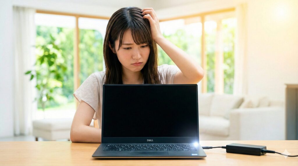 電源ランプが白く点灯しているが画面が真っ暗なDellのノートパソコンを見て困惑する若い女性