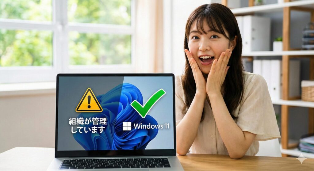 「組織が管理しています」の問題が解決し、Windows 11のロゴが表示されたノートPCの画面を見て、驚き喜ぶ若い女性