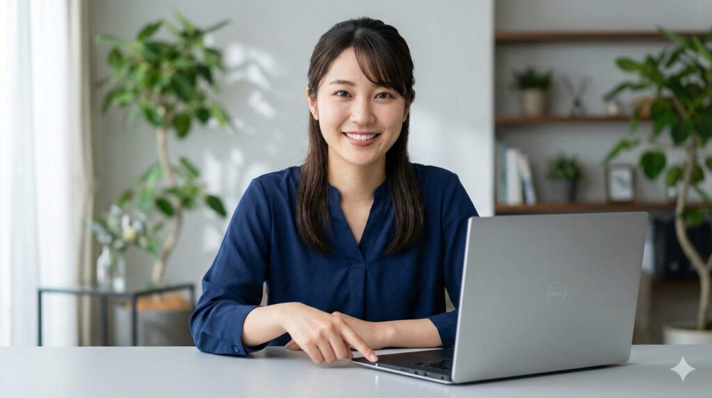 Dellノートパソコンの本体手前にある白いステータスランプが点灯し、それを指差す日本人女性