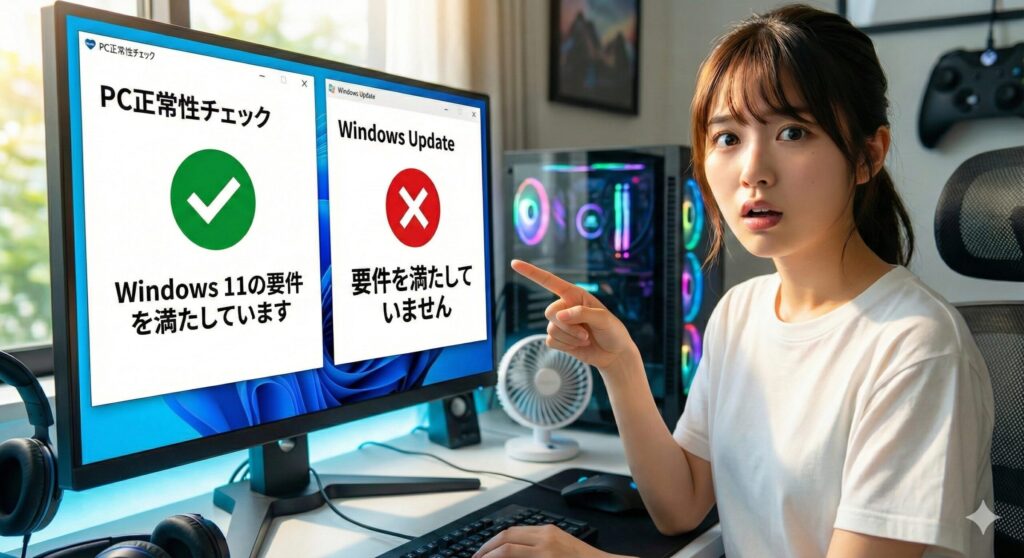 PC画面上のWindows 11要件に関する矛盾した結果を指差す、困った表情の女性