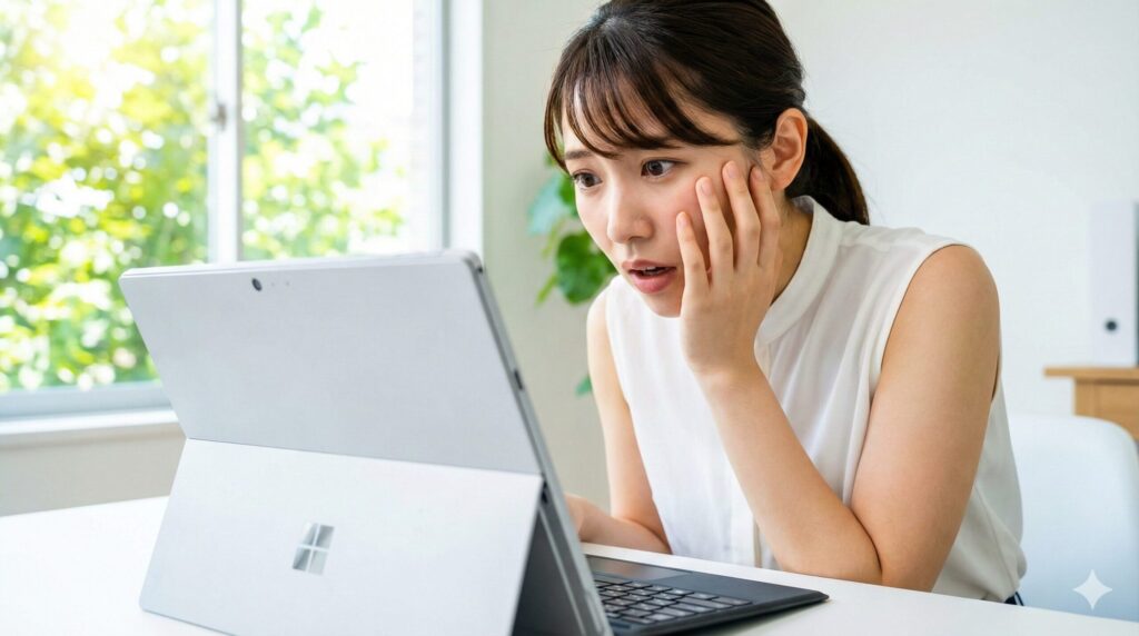 ノートパソコンの画面を見て、片手を頬に当てて困ったような表情をしている若い女性。オンライン会議のトラブルのようだ。