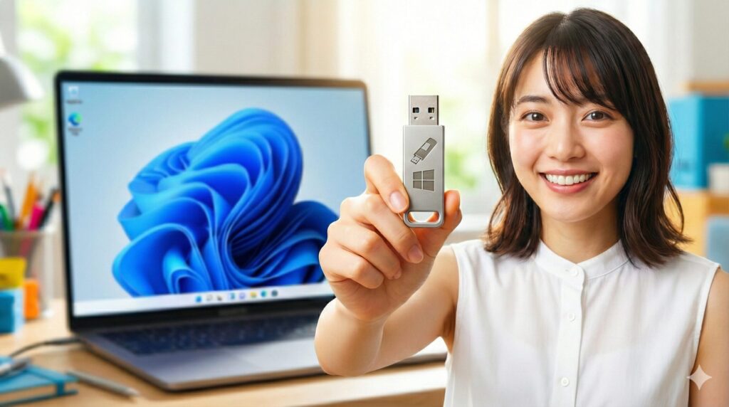笑顔の女性が、Windowsのロゴが刻印された銀色のUSBメモリを手に持ち、Windows 11の画面が表示されたノートパソコンの前に座っている