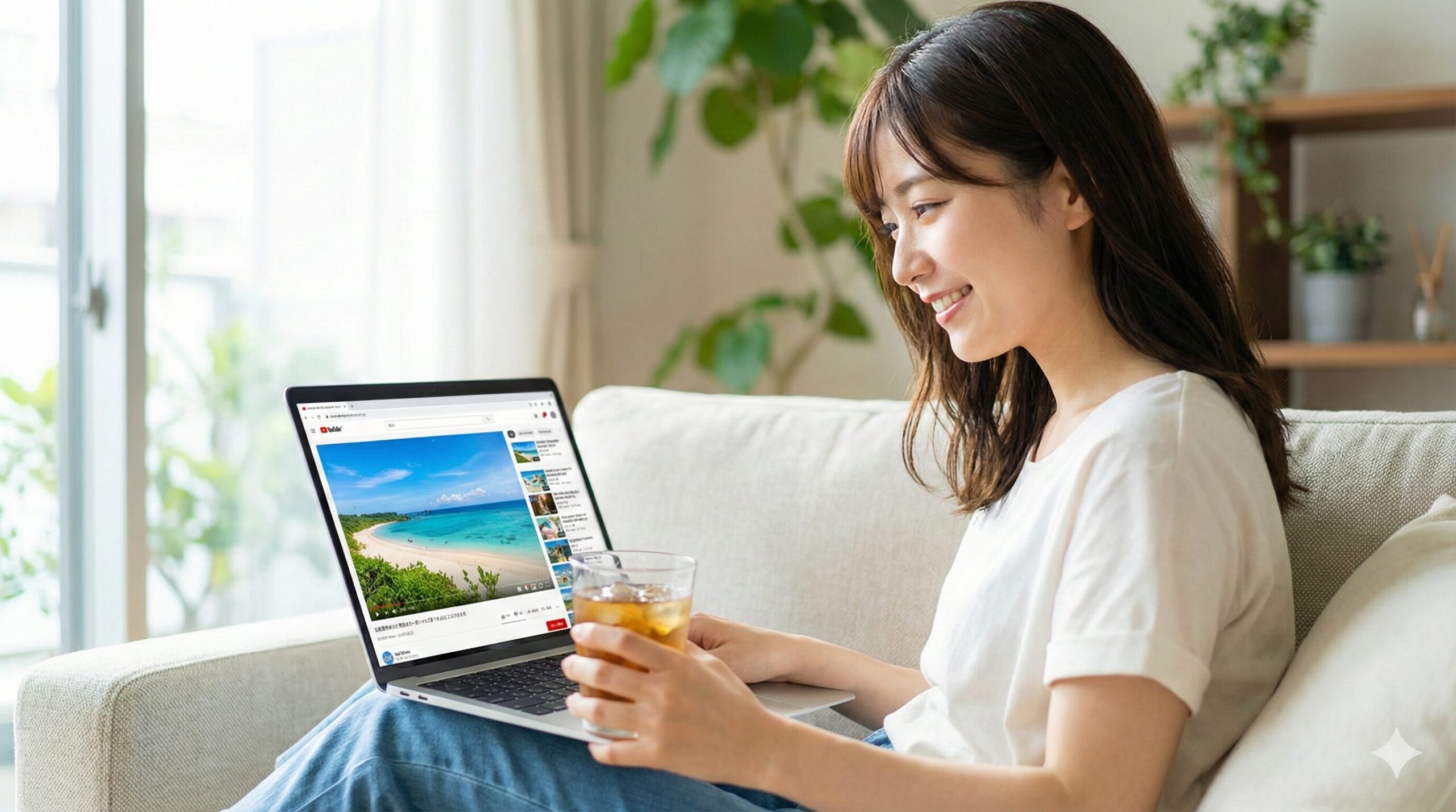 明るいリビングでソファに座り、笑顔でノートパソコンのYouTube画面（ビーチの動画）を見ている若い日本人女性。