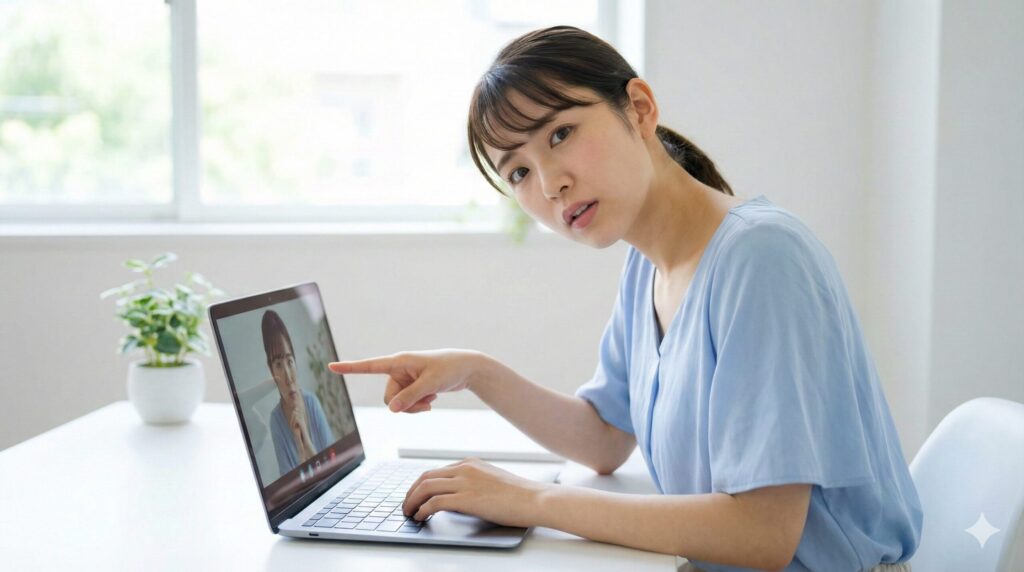 明るいホームオフィスでノートパソコンの反転したビデオ通話映像を見て困惑する若い日本人女性