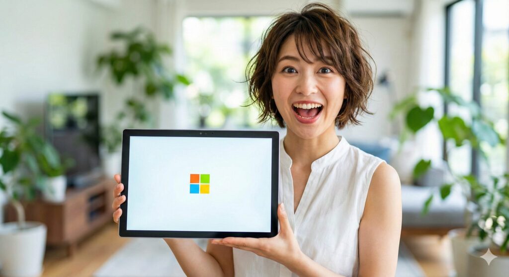 Microsoftのロゴが表示されたSurface Proタブレットを持ち、驚きの笑顔を見せる若い女性。