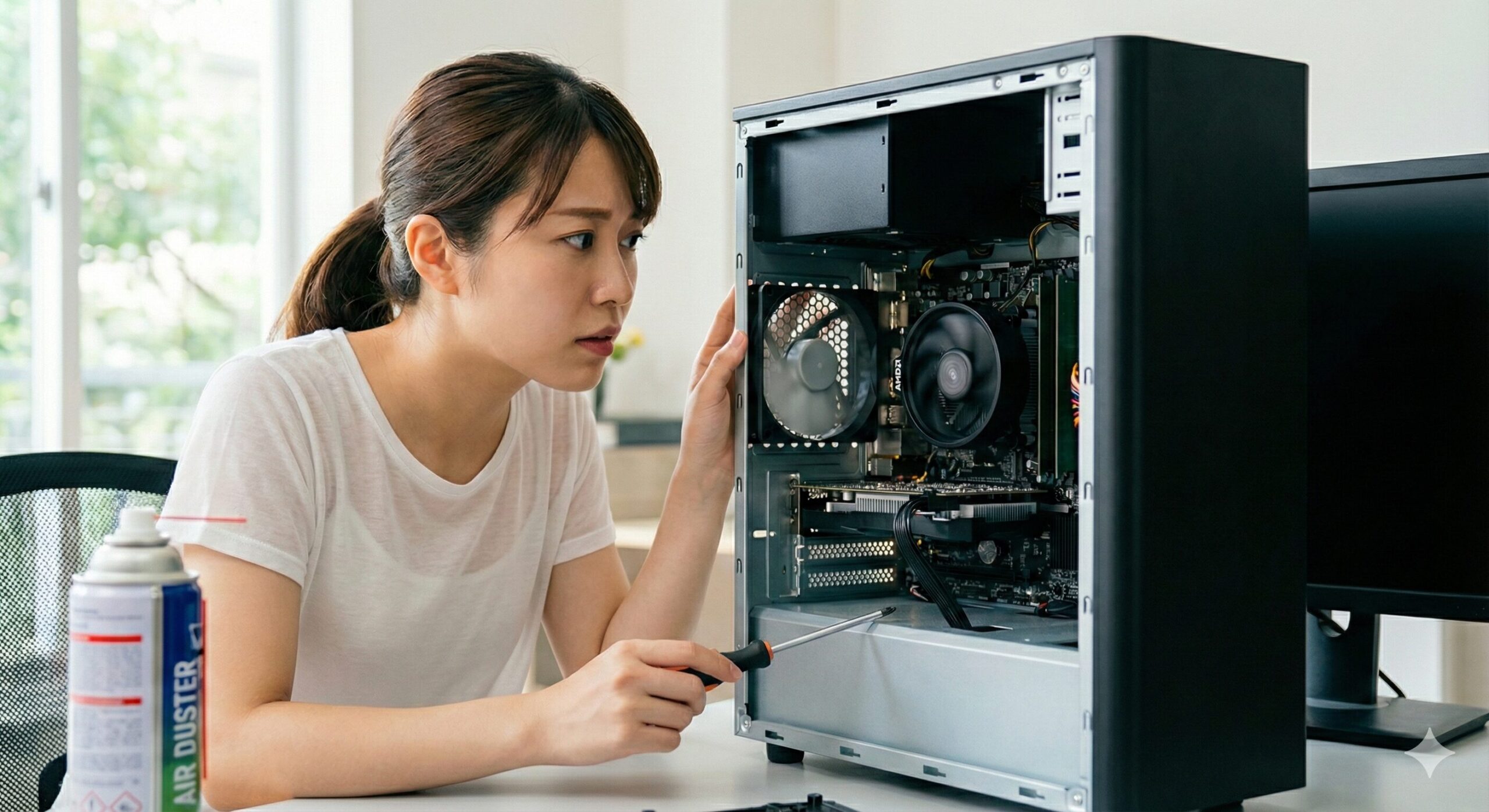 開いたデスクトップパソコンの内部を心配そうに見つめる若い女性。