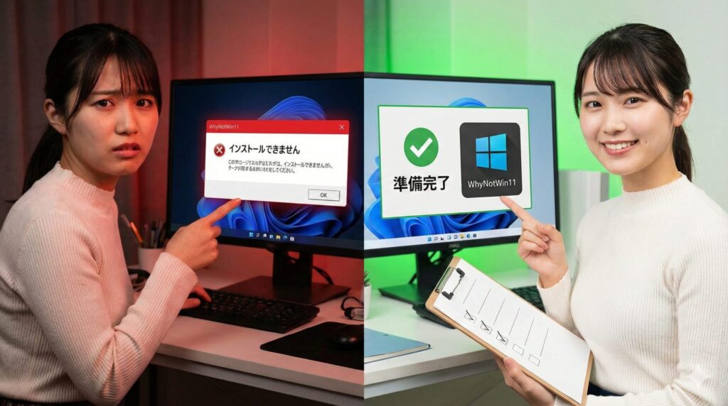 左側はPCのエラーメッセージに困惑する女性、右側は成功画面の横でチェックリストを持ち微笑む女性
