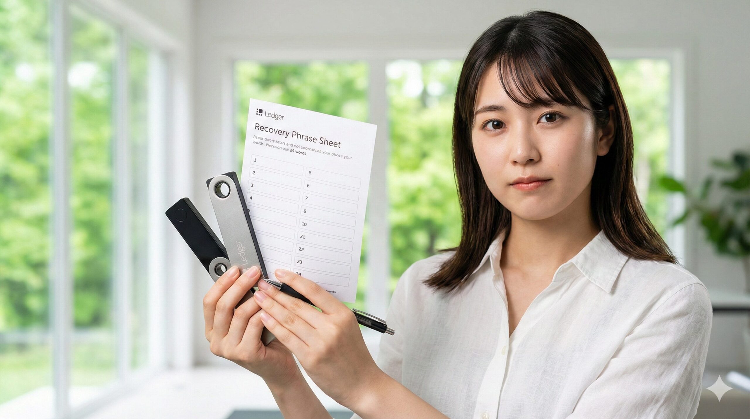 Ledgerハードウェアウォレットとリカバリーフレーズシートを持つ日本の若い女性が写った