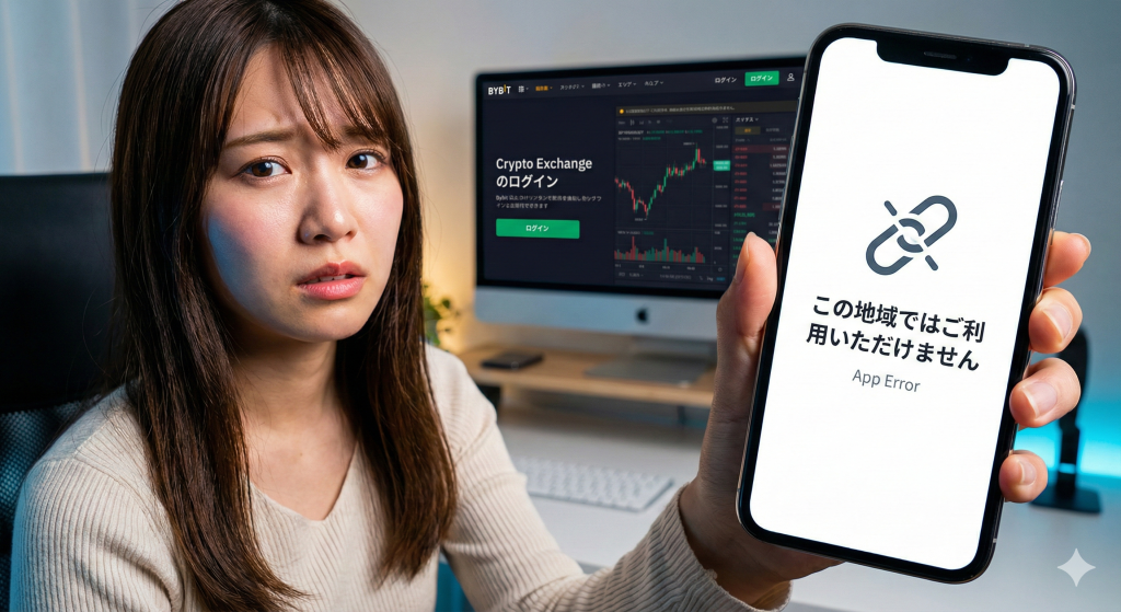 地域制限エラーのスマホを掲げる不安そうな女性と、背景のBybitログイン画面。