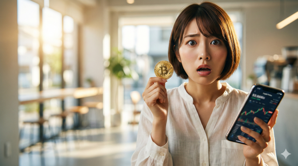 カフェでビットコインとスマートフォンを持ち、ショックを受けた表情の若い日本人女性
