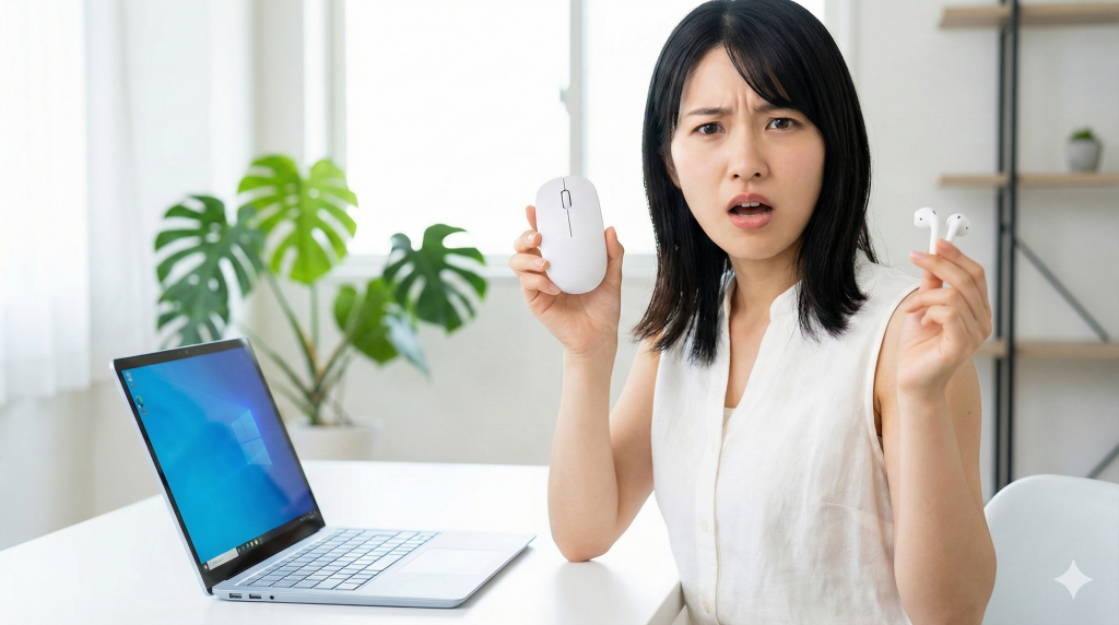 ノートパソコンの前でマウスとイヤホンを持ち、困惑した表情で見つめる白い服の日本人女性