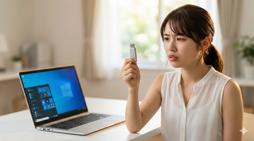 窓のある明るいホームオフィスの白いデスクで、ノートパソコンの前に座り、手に持ったシルバーのUSBメモリを困惑した表情で見つめる白いノースリーブ姿の若い日本人女性