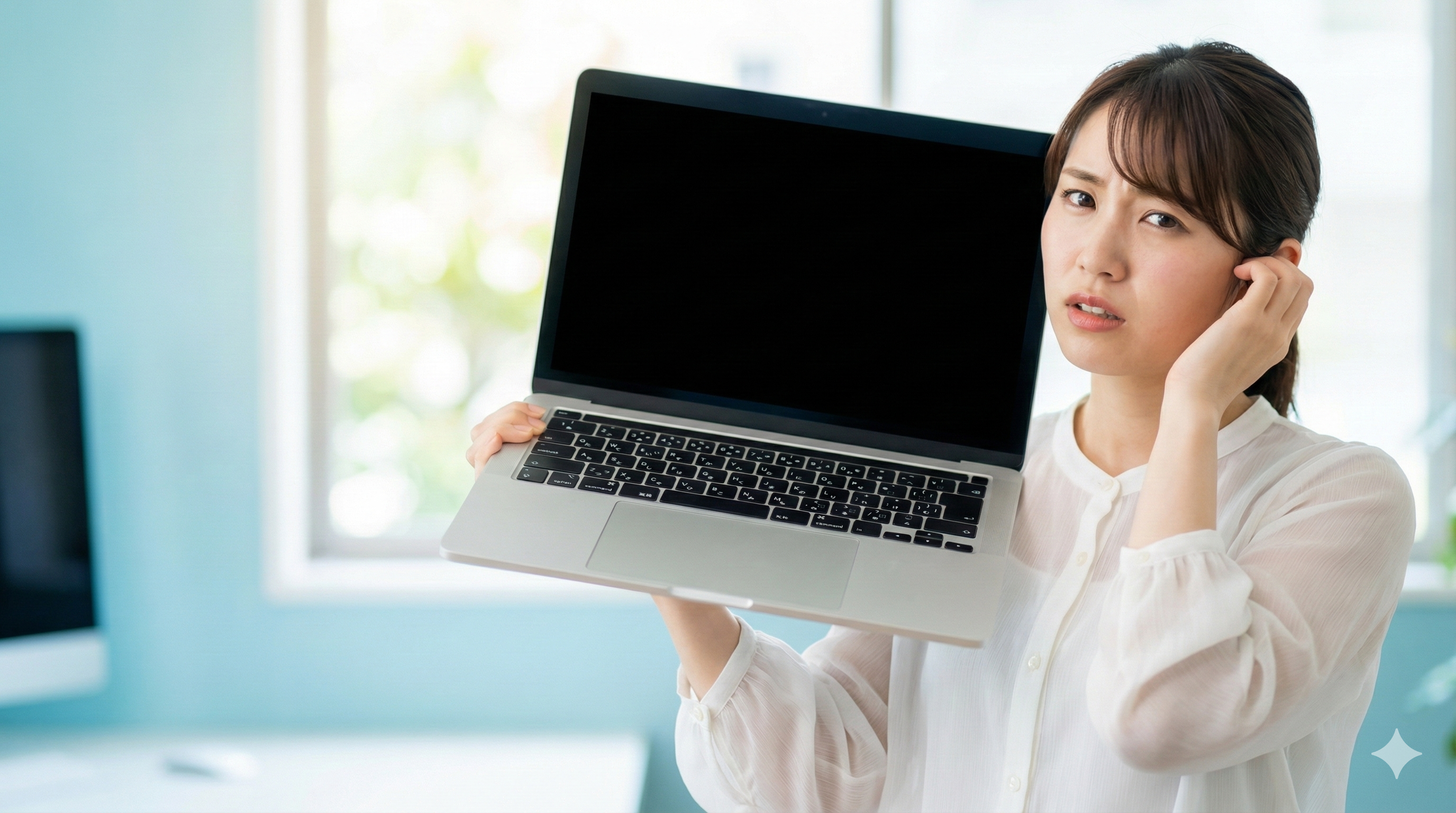 PCトラブルで困惑し真っ暗な画面を見せる女性