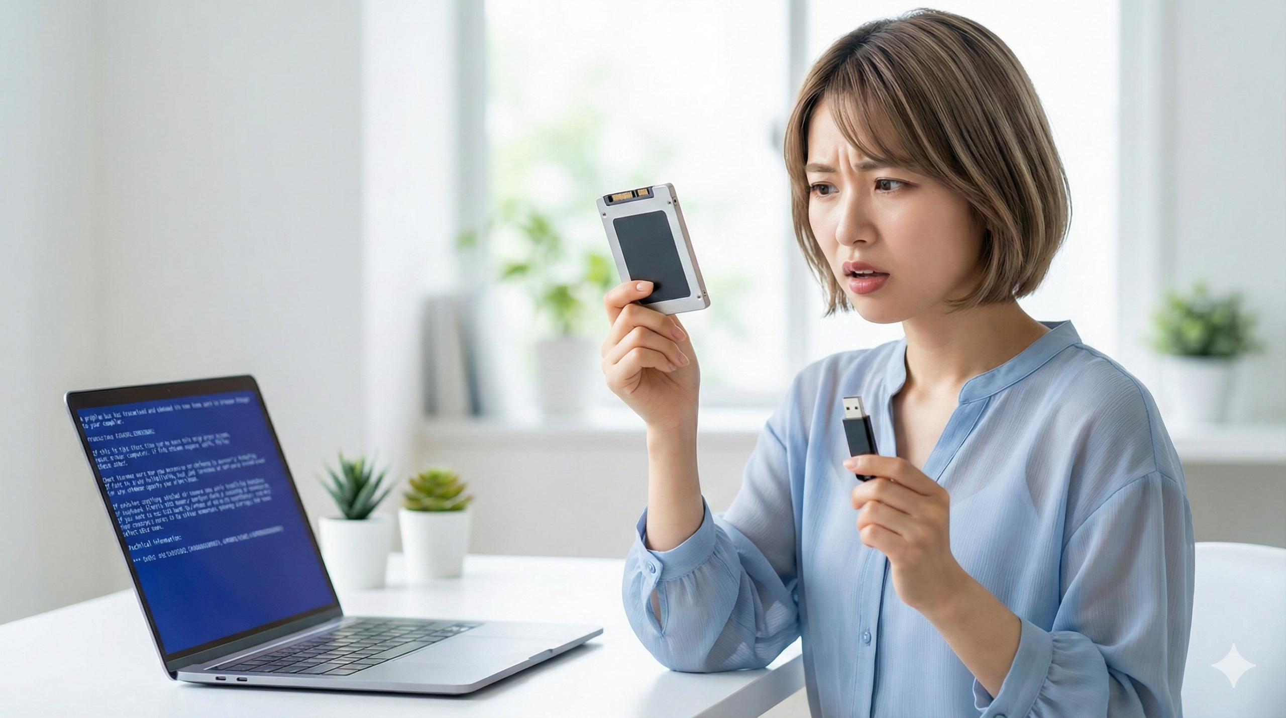 ブルースクリーンのノートパソコンの前で、SSDとUSBメモリを持って困惑した表情の若い女性