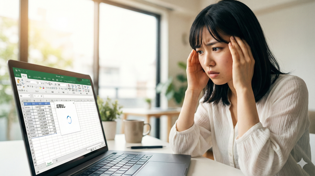 明るい自宅オフィスで、ノートパソコンの画面に「応答なし」と表示されフリーズしたExcelを見ながら、こめかみに手を当てて困った表情をしている若い日本人女性