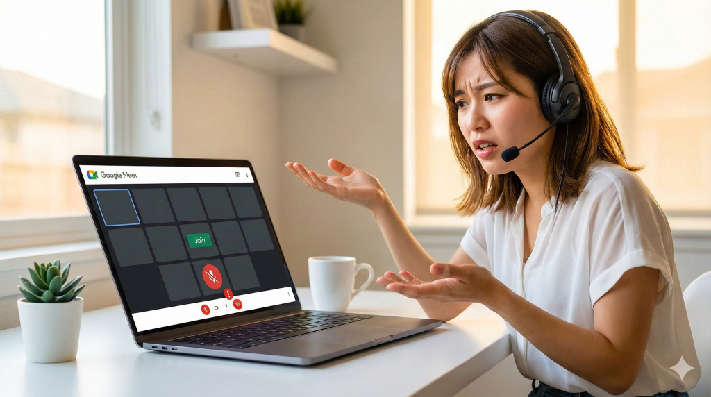 ホームオフィスのデスクで、ノートパソコンに表示されたGoogle Meetのマイク不具合の警告を見て、困惑した表情で両手を広げているヘッドセットを装着した若い日本人女性の写真