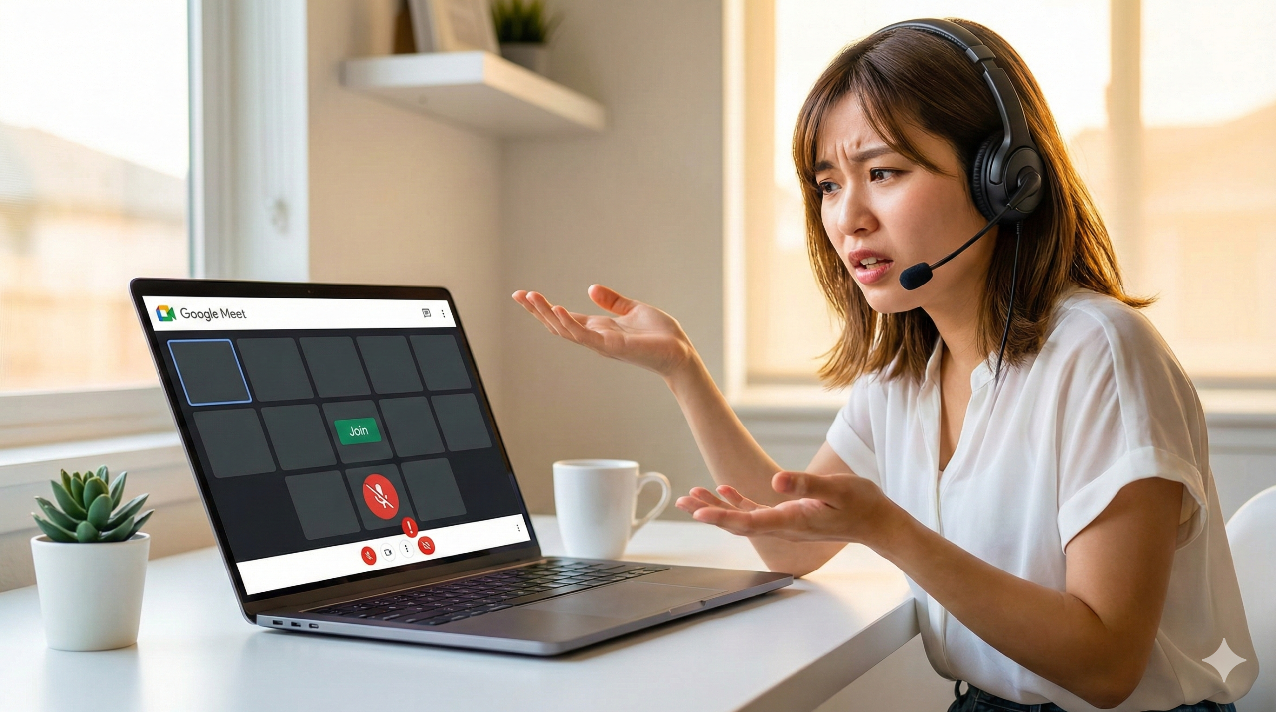 ホームオフィスのデスクで、ノートパソコンに表示されたGoogle Meetのマイク不具合の警告を見て、困惑した表情で両手を広げているヘッドセットを装着した若い日本人女性の写真