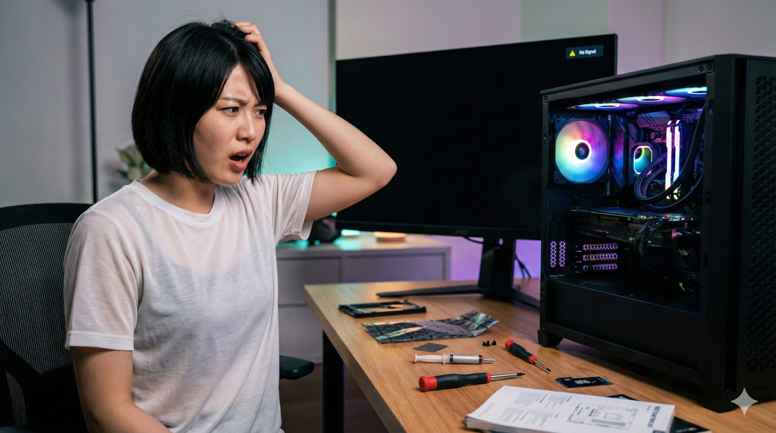 自作PCの画面が映らず、頭を抱えて苛立つショートカットの日本人女性。デスクには工具が散乱している。