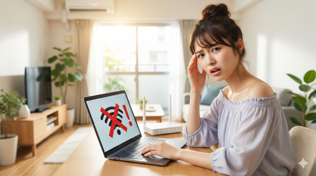 Wi-Fiが繋がらず、ノートパソコンの前で困った表情をして頭を抱える女性
