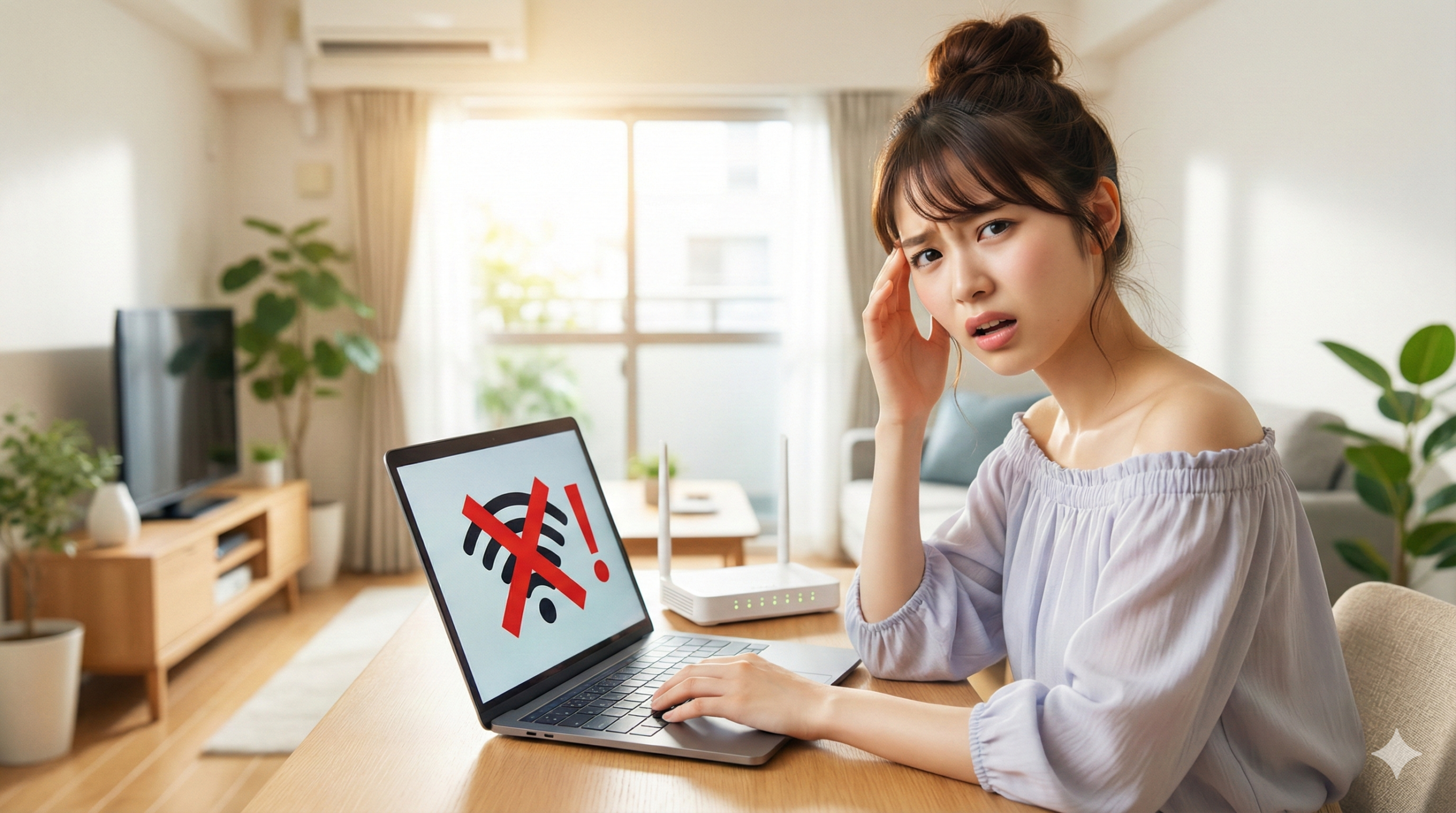 Wi-Fiが繋がらず、ノートパソコンの前で困った表情をして頭を抱える女性