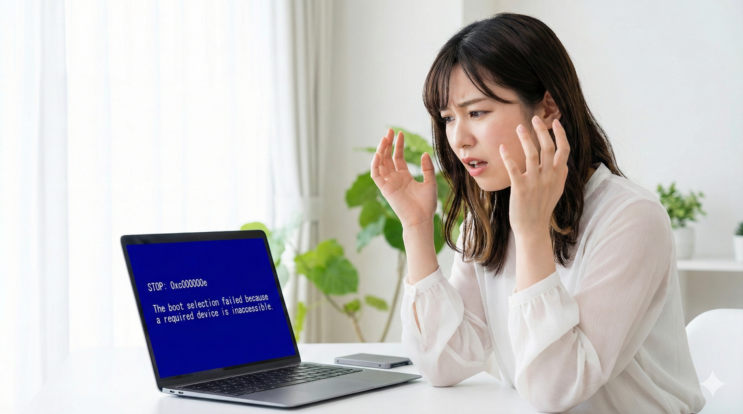 ノートパソコンの画面が青くなり、エラーコード0xc000000eが表示されている。その前で、白い服を着た若い女性が両手を上げて困った表情をしている。デスクには外付けSSDが置かれている。