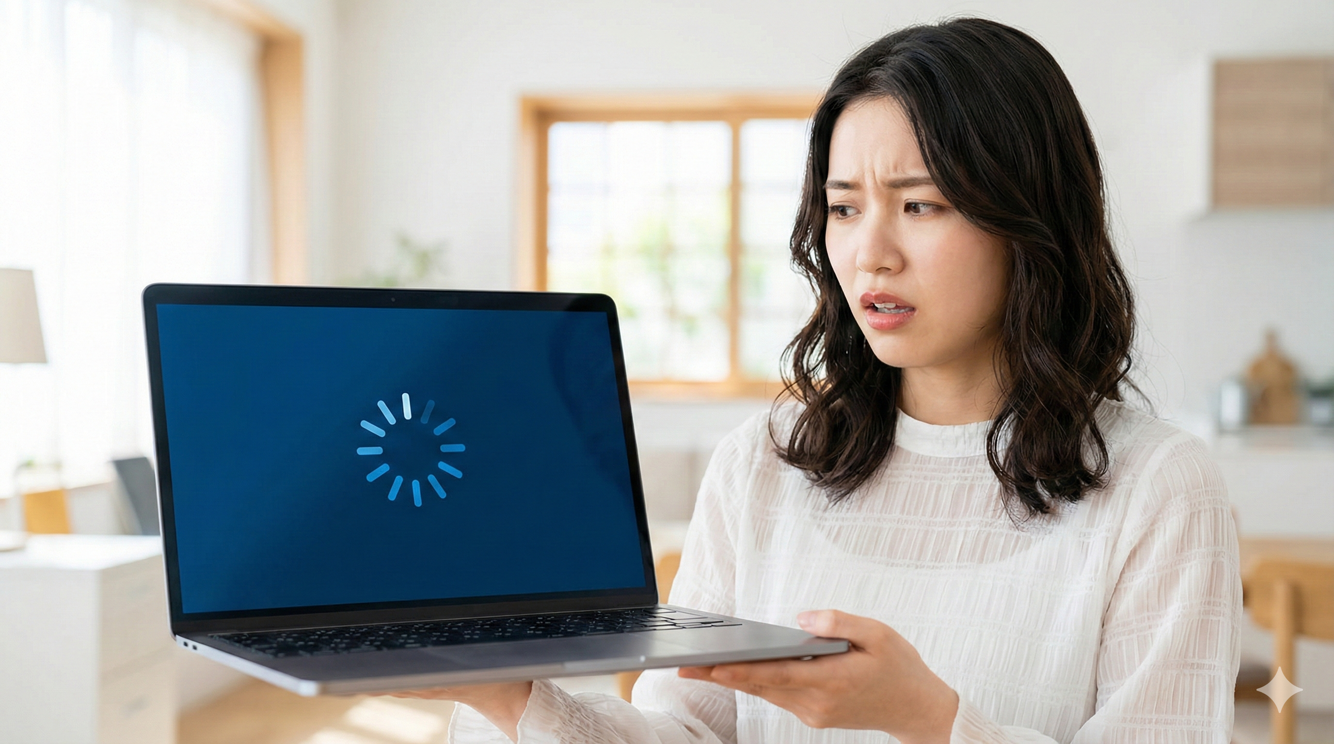 青いローディング画面のノートパソコンを持って困惑した表情の若い日本人女性。