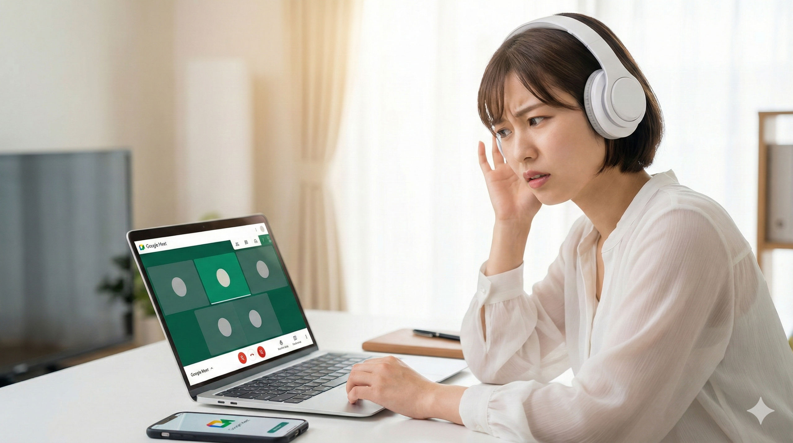 Google Meetの音声トラブルで困惑し、ヘッドセットに手を当てる若い女性
