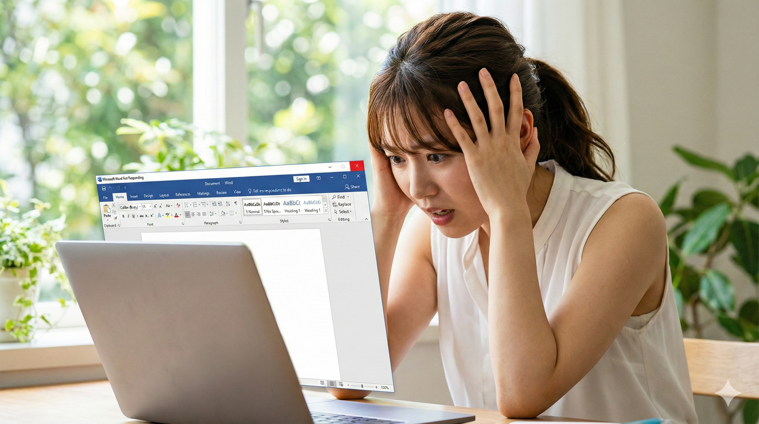 明るいホームオフィスで、ノートパソコンのWord画面が「応答なし」でフリーズし、頭を抱えてパニックになっている20代の日本人女性