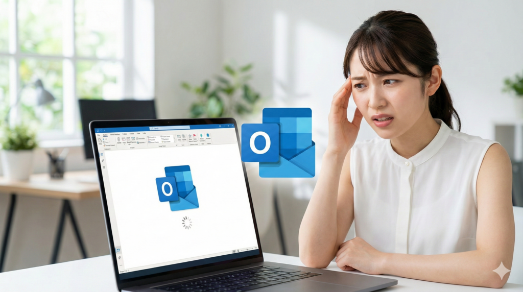 明るい夏のオフィスで、Outlookの画面が読み込み中のまま動かず、こめかみに手を当てて困った表情をしている若い日本人女性