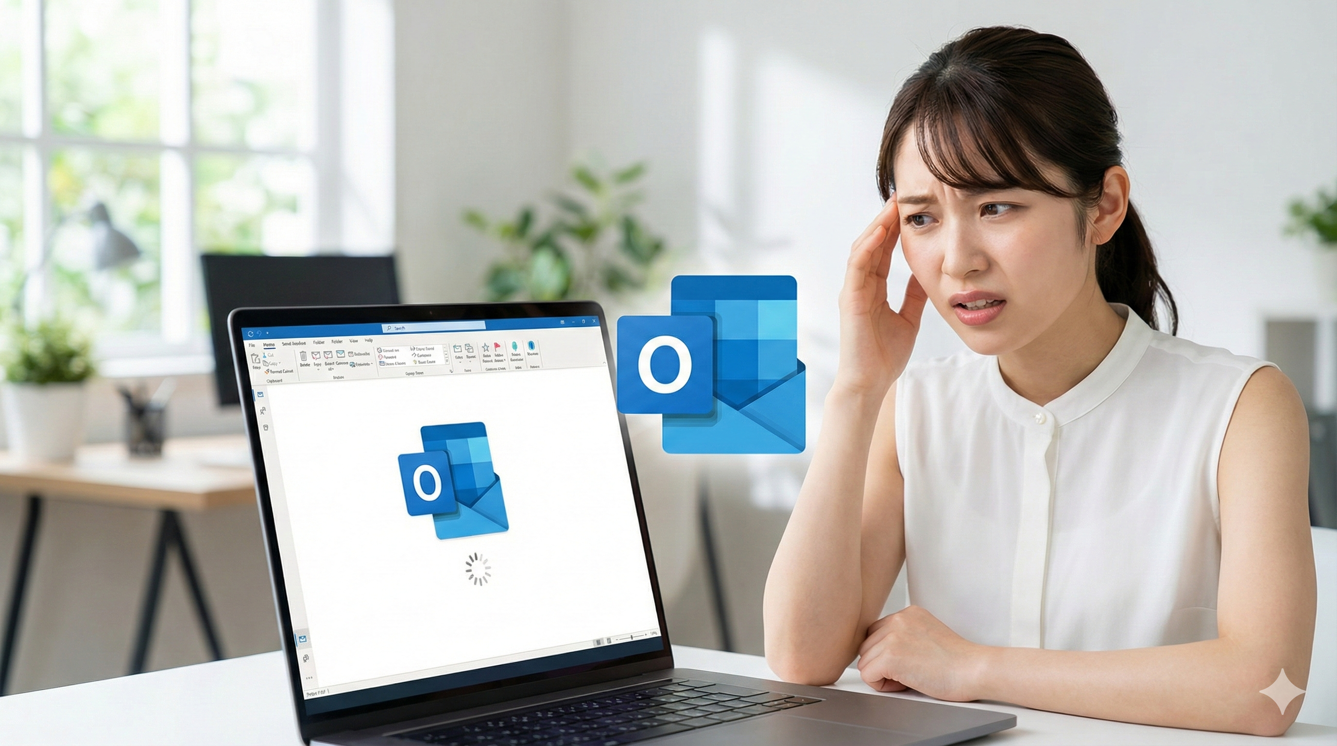 明るい夏のオフィスで、Outlookの画面が読み込み中のまま動かず、こめかみに手を当てて困った表情をしている若い日本人女性