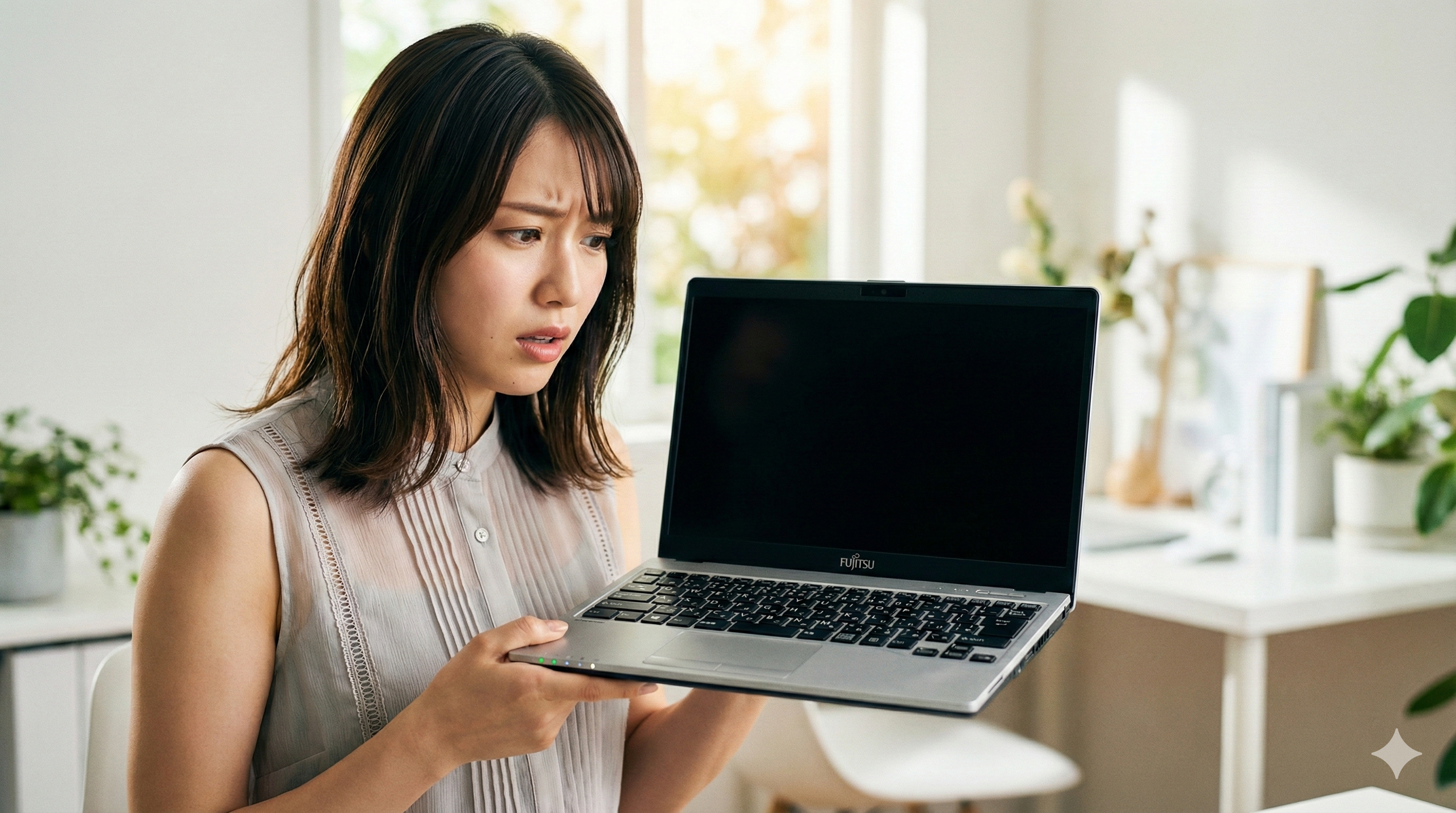 真っ暗な画面の富士通ノートパソコンを両手で持ち、心配そうで困惑した表情で見つめている若い日本人女性