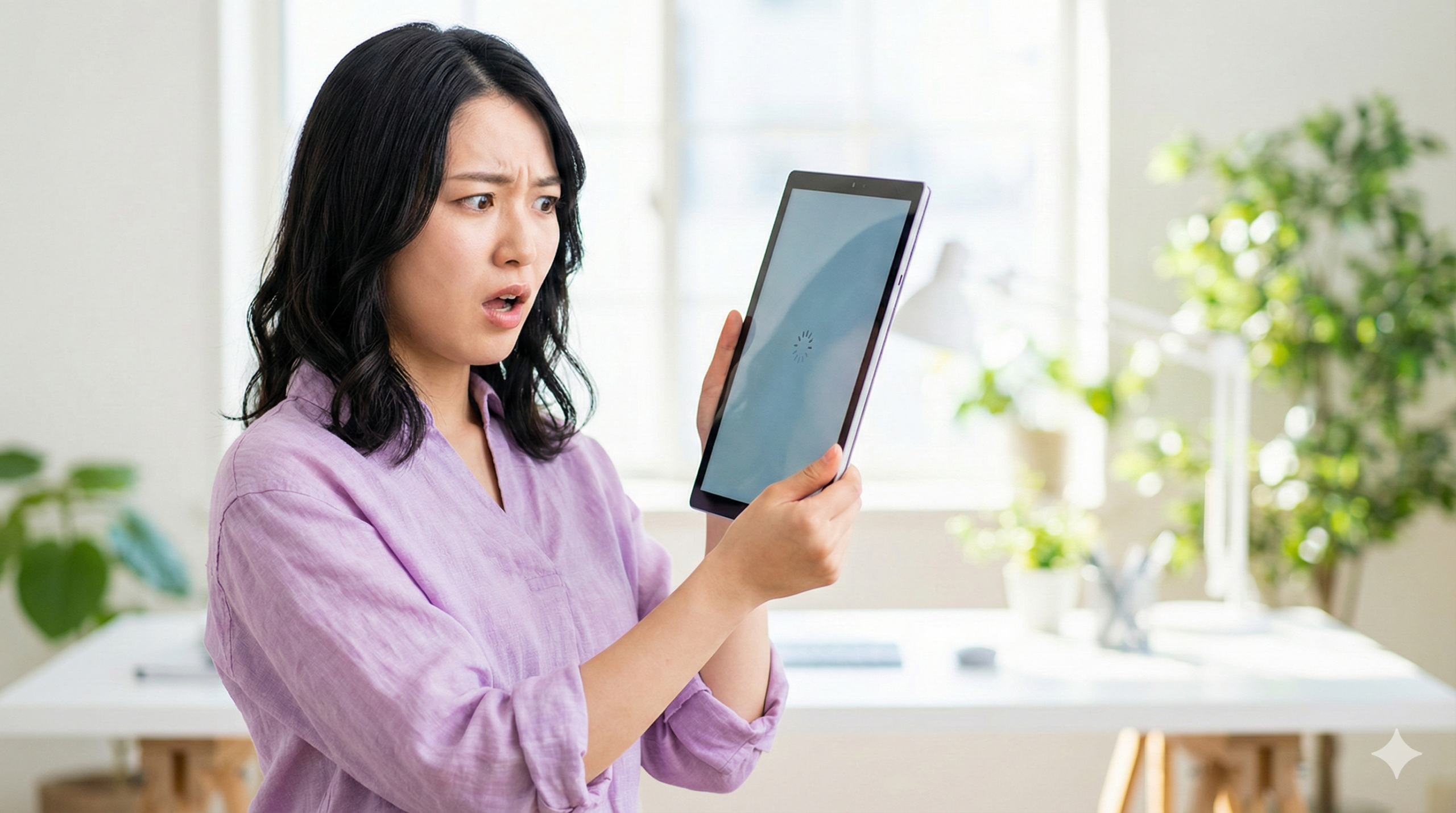 フリーズして動かないMicrosoft Surfaceタブレットの画面を見つめ、困惑した表情を浮かべる日本人女性