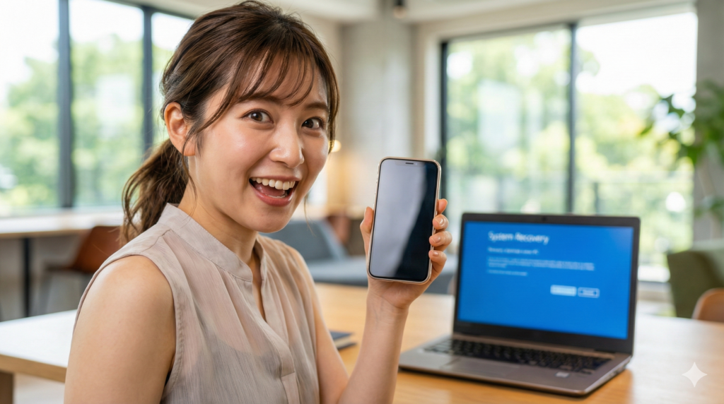 明るいコワーキングスペースで、青いシステム回復画面のノートパソコンを背景に、嬉しい驚きの表情でスマートフォンを見せる日本人女性