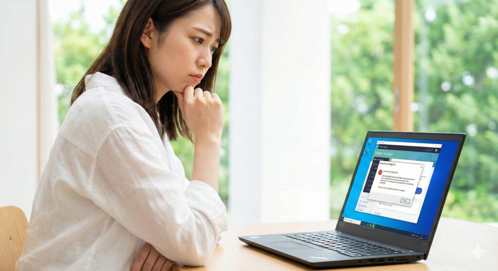 窓際のデスクで、Lenovo ThinkPadの画面に表示された「Lenovo Service Bridge Error」を見て困ったような、考え込む表情をしている日本人女性。
