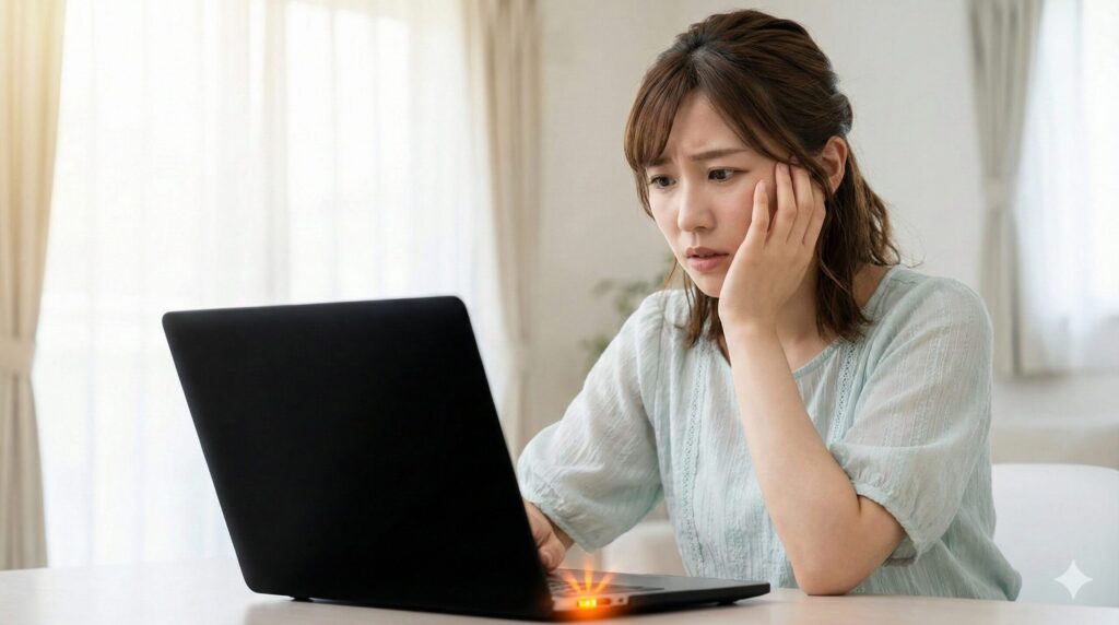 画面が真っ暗で電源ランプがオレンジ色に点滅するノートパソコンの前で、頬杖をついて深刻な表情で困惑している20代の日本人女性。
