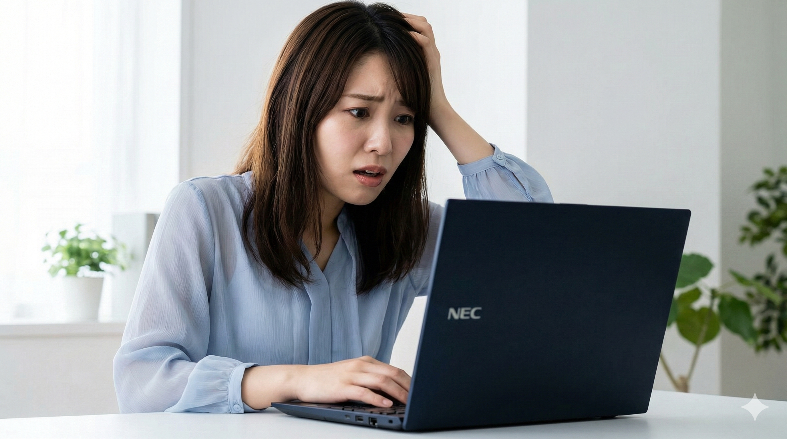 起動しないNEC LAVIEノートパソコンの前で、頭を抱えて困った表情を浮かべる日本人女性