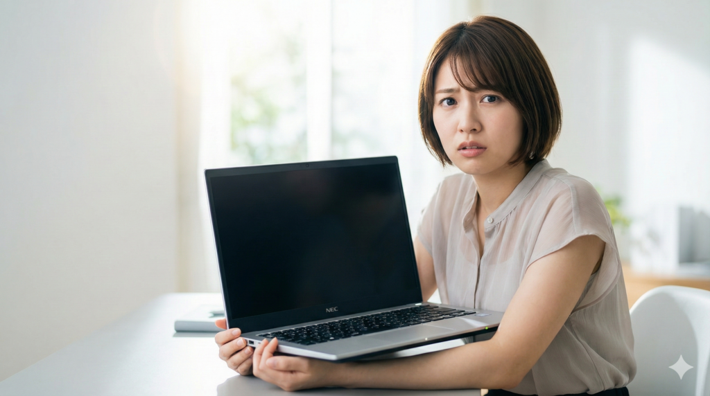 画面が真っ暗なNECノートパソコンを持って、困惑した表情でカメラを見つめる日本人女性