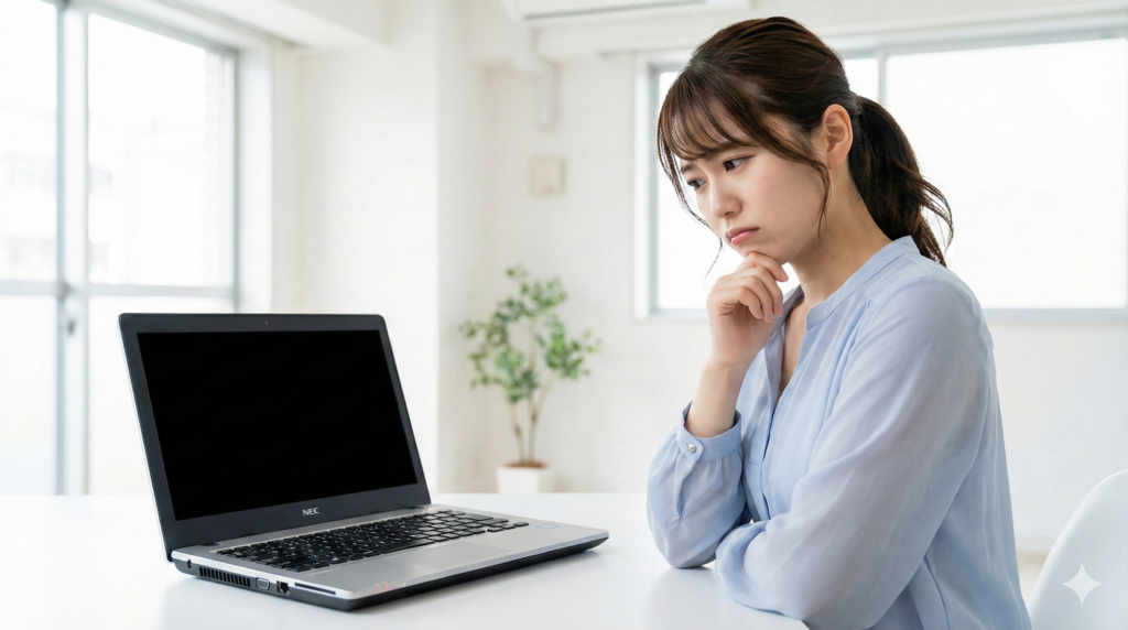 画面が真っ黒で起動しないNECノートパソコンを見つめ、顎に手を当てて困惑した表情を浮かべる若い日本人女性