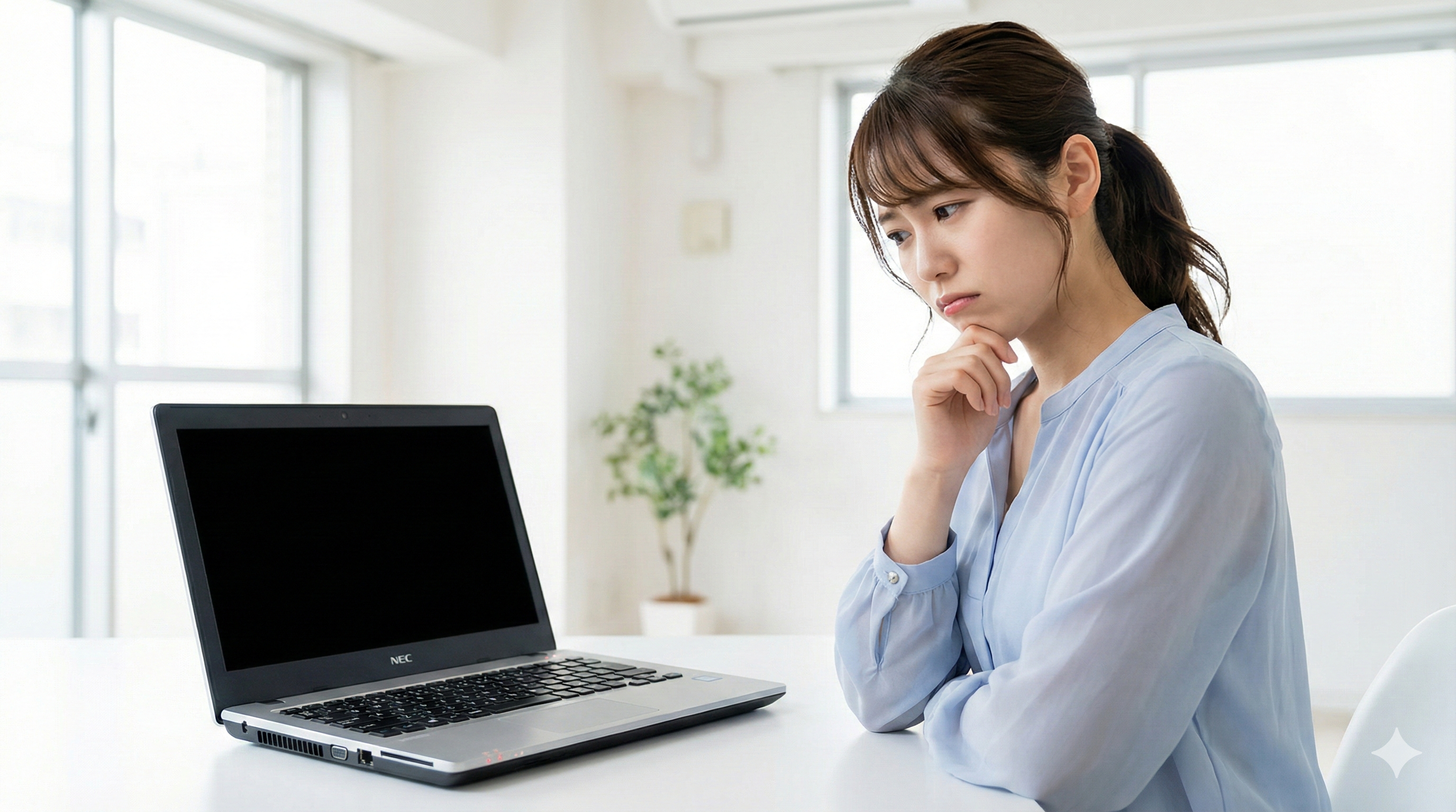 画面が真っ黒で起動しないNECノートパソコンを見つめ、顎に手を当てて困惑した表情を浮かべる若い日本人女性