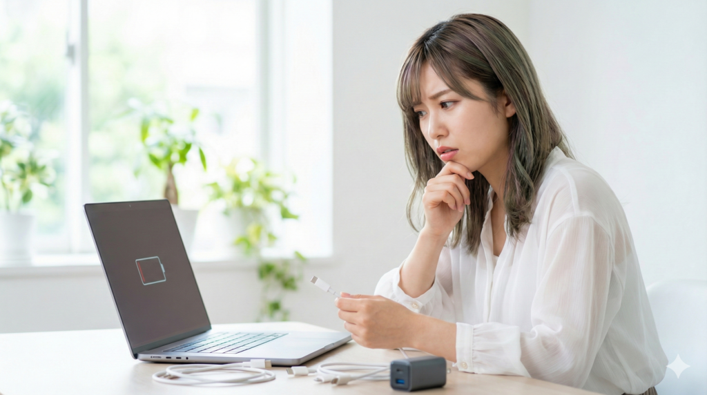 充電できないノートパソコンの前で、複数のUSB-Cケーブルと充電器を並べ、困った表情でケーブルを手に持っている女性