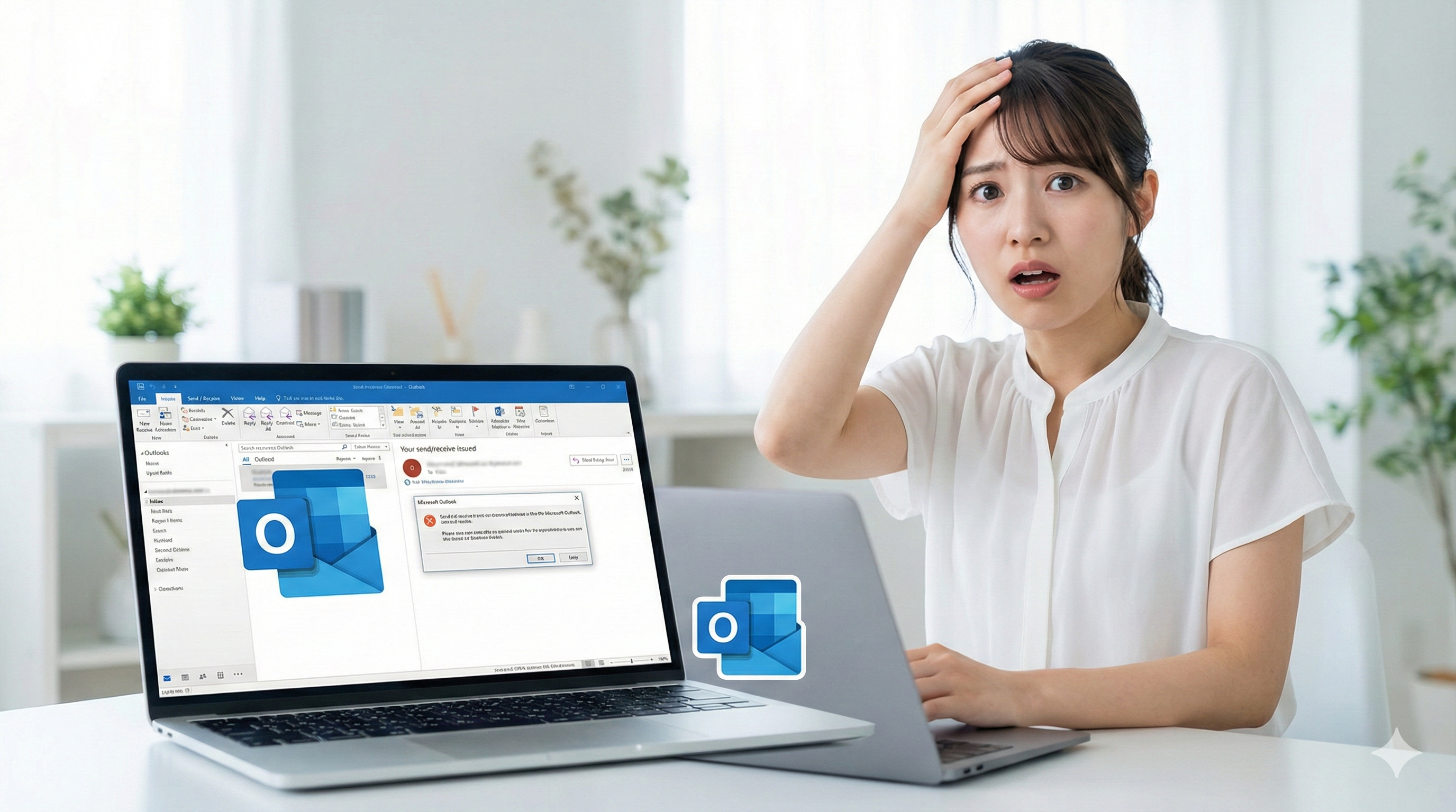 Outlookの送受信エラー画面を見てショックを受け、頭を抱えている日本人女性